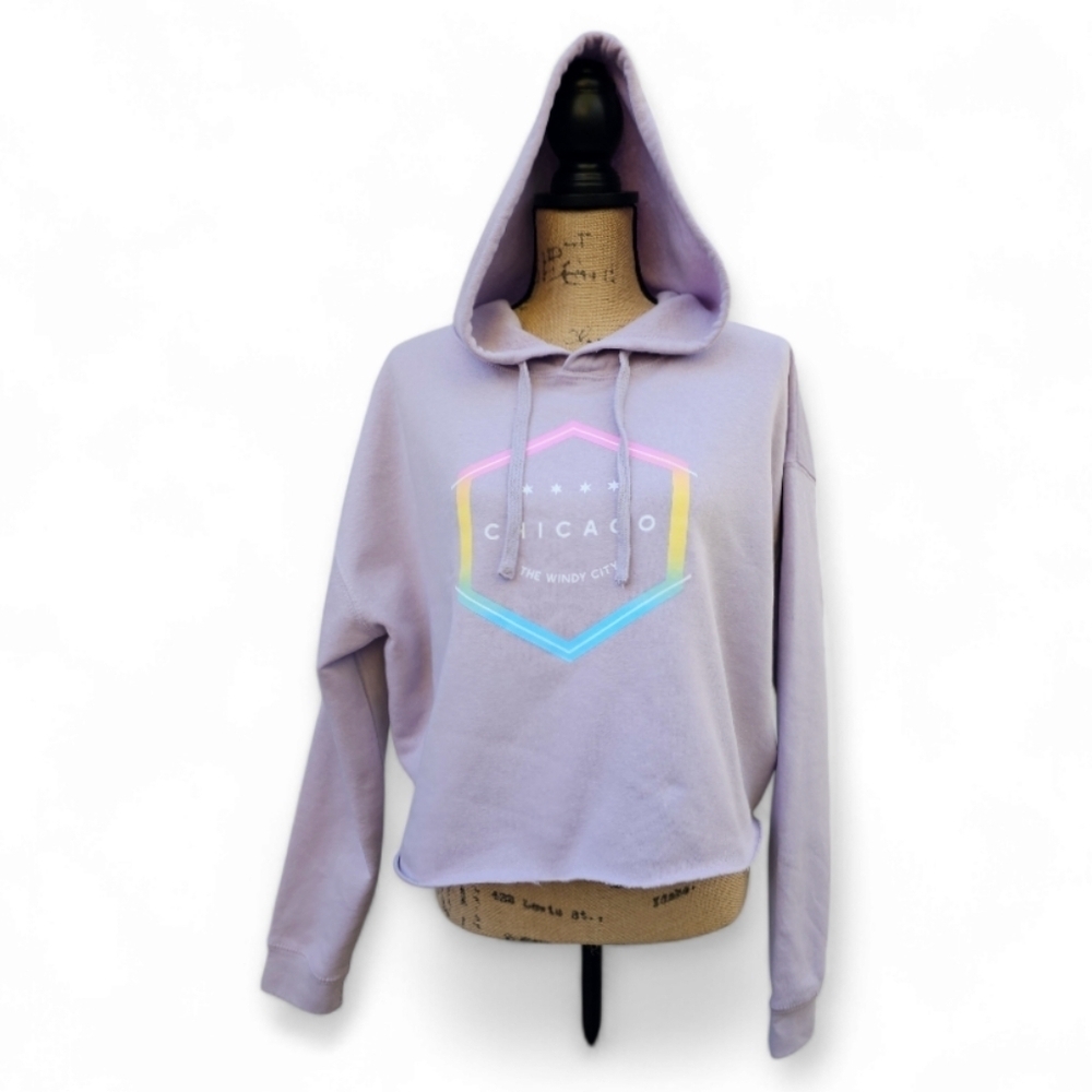 Lane Seven Cropped Chicago Hoodie Lavender Raw Hem Graphic Sweatshirt, Size L